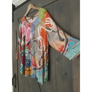 Claire Desjardins Happy Days Abstract 3/4 Sleeve Slinky Tunic Top Womens 1X